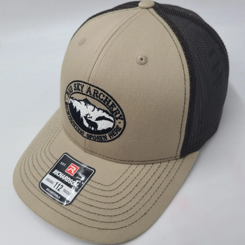 Big Sky Archery Hat Snapback Trucker Mesh Beige Brown Bowhunting‎ Bozeman MT Men